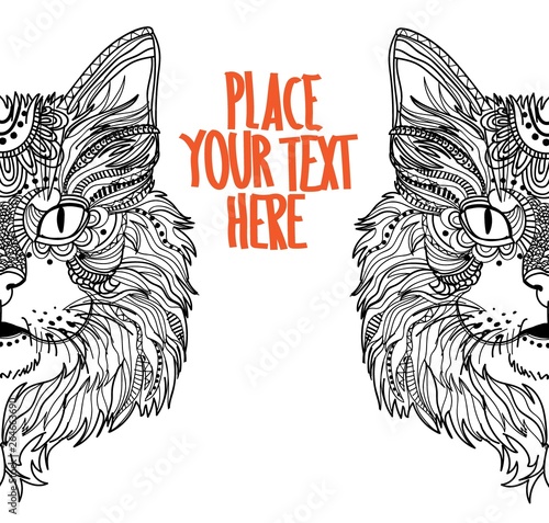 The head of a cat. Fluffy kitten. Drawing manually in vintage style. Meditative coloring. Coloring for children. Arrows, points, patterns. Background for text