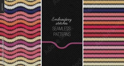 Embroidery satin stitch seamless patterns - two textile patterns of satin stitch