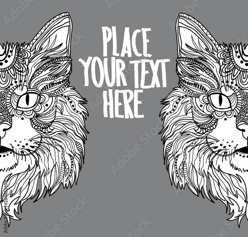 The head of a cat. Fluffy kitten. Drawing manually in vintage style. Meditative coloring. Coloring for children. Arrows, points, patterns. Background for text