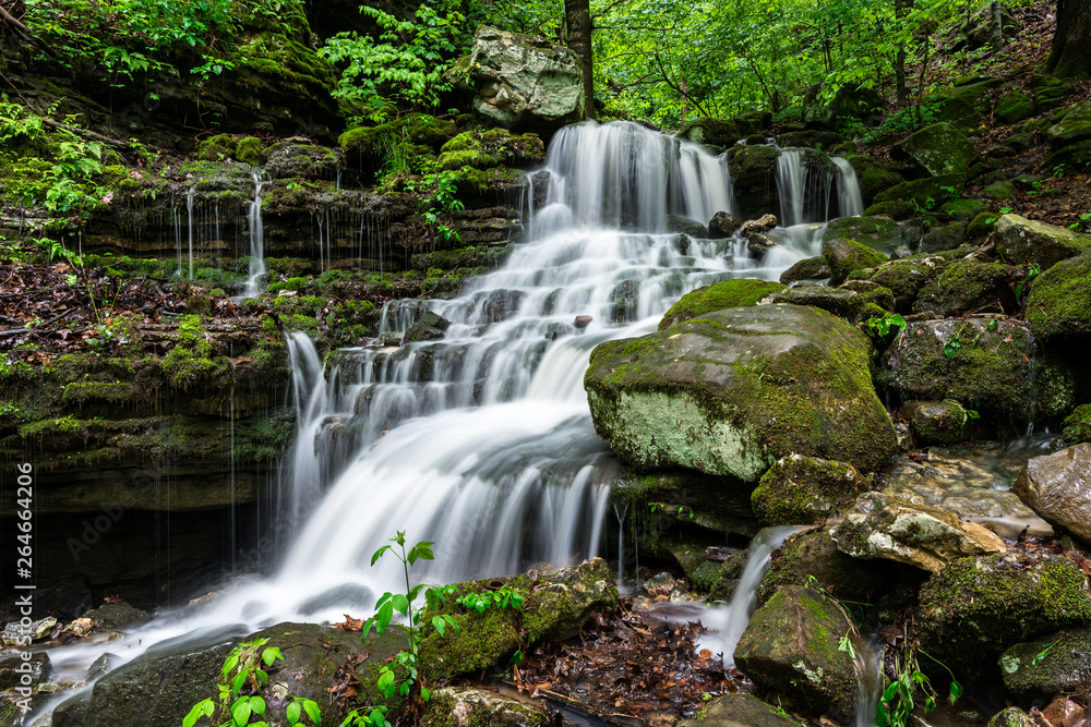A waterfall cascades down the lush green forest of the Arkansas Ozark Mountains between Boxley Valley and Ponca.