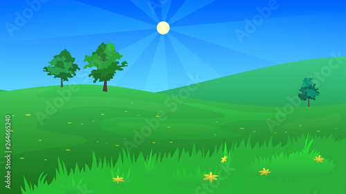 Landscape with green field  hills and trees  sunny weather  meadow  spring or summer