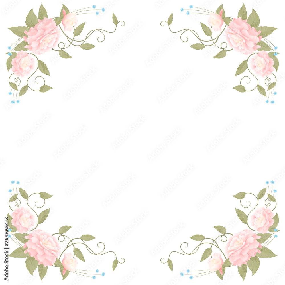 Square romantic frame with pink peonies on a white background, corner bouquets of flowers, decoration