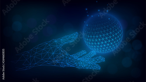 Сommunication technologies, Internet, web, globalization. Blue Earth in low poly arm