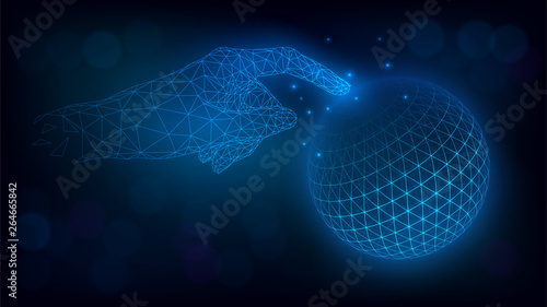 Low polygonal hand touch blue Earth, communication technologies. Internet, web, globalization