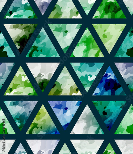Seamless green watercolor pattern with triangle. Bright cosmos mosaic background