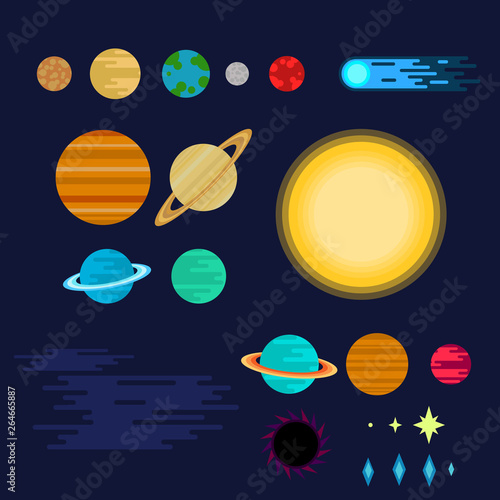 Set of planets and space objects. The planets of the solar system, the sun, a comet, a black hole and stars. Flat style