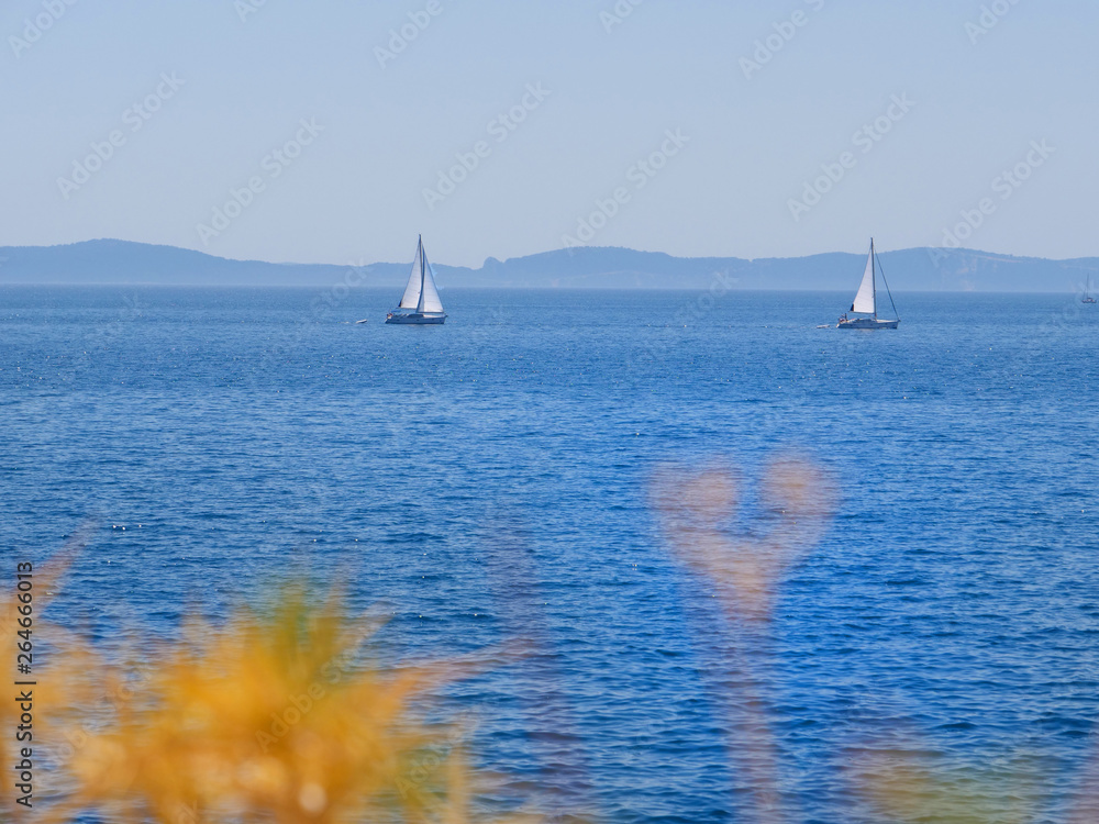 AERIAL: Flying towards two sailboats exploring the tranquil waters in Greece.