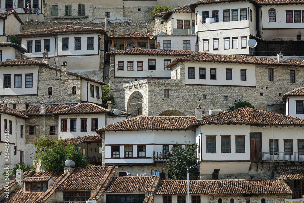 Beautiful view of the ancient Ottoman residence building in famous town of Berat