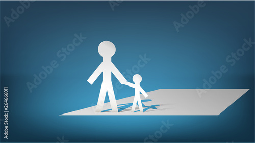 Paper men stand on a sheet of paper: big and little. Concept: parent and child, help children