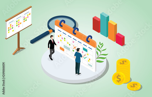 isometric 3d project management concept with business calendar and todo list sticky notes for work - vector