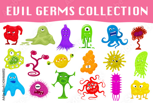 Set of cartoon style angry germs, viruses, microbes and monsters vector illustration.