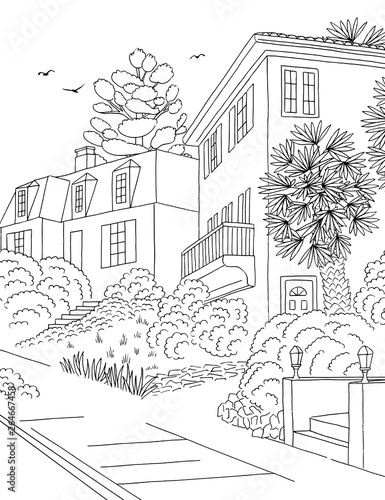 Hand drawn black and white illustration of a middle class suburban neighbourhood with houses, yard, pavement and trees