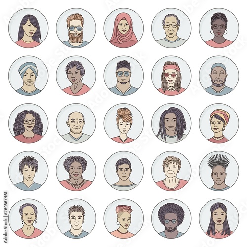 Set of 25 hand drawn avatars, colorful and diverse portraits of people of different ethnicities