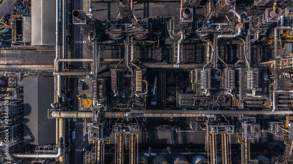 Aerial view petrochemical plant, oil refinery factory.
