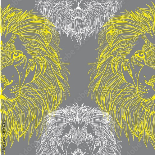 Seamless pattern with lions. Doodling, mandala. Drawing manually. Stylish background. A dangerous predator, a noble animal, a great mane.