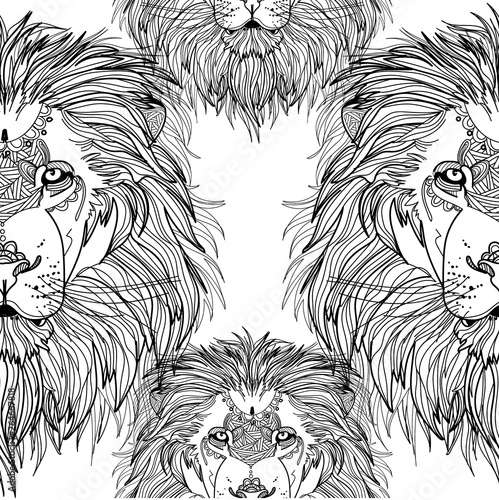 Seamless pattern with lions. Doodling, mandala. Drawing manually. Stylish background. A dangerous predator, a noble animal, a great mane.