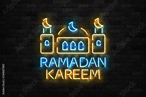 Vector realistic isolated neon sign of Ramadan Kareem with islamic city logo for invitation decoration and template covering on the wall background.