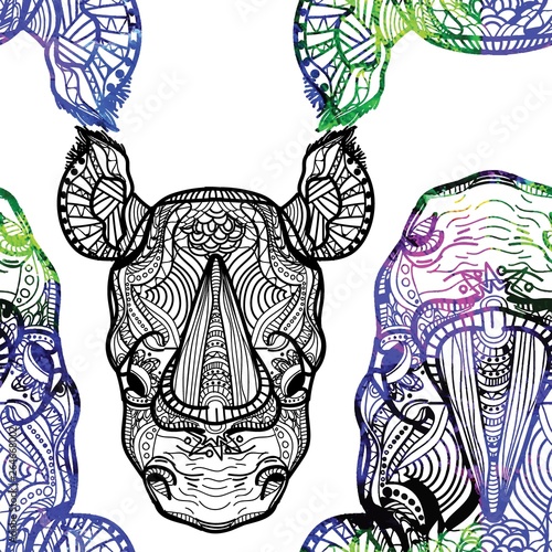 Seamless pattern with African animals. A rhinoceros and a giraffe. Doodling, mandala pattern. Drawing by hand. Stylish background.