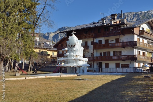 Frozen ice on the fountain in Cortina D'Ampezzo, Italy.