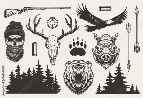 Vintage monochrome hunting elements set