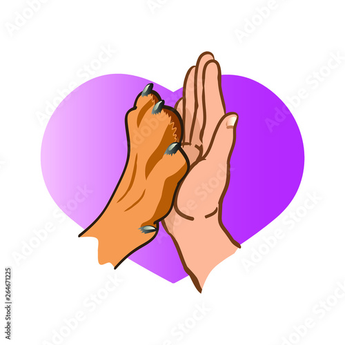 Dog paw and human hand, logo On the background of hearts. Vector illustration on white background