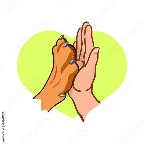 Dog paw and human hand, logo On the background of hearts. Vector illustration on white background