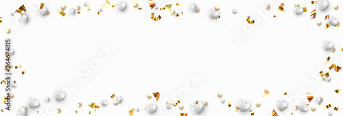 Background with white hearts and round beads strewn with golden confetti.