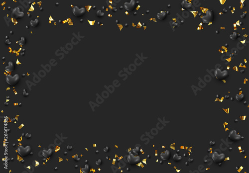 Background with black hearts and round beads strewn with golden confetti.