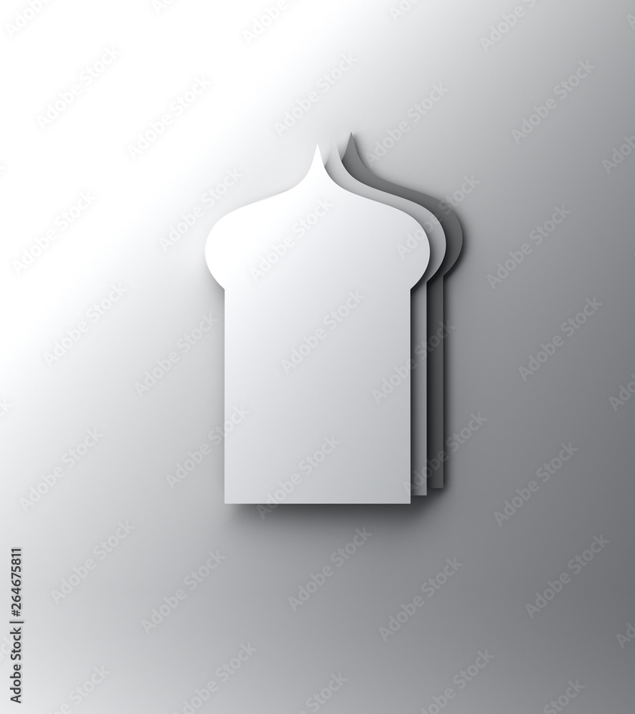 Gray arabic window or mosque paper cut on white gradient background. Design creative concept of islamic celebration day ramadan kareem or eid al fitr adha. 3D rendering illustration. Gray arabic window or mosque paper cut on white gradient background. Design creative concept of islamic celebration day ramadan kareem or eid al fitr adha. 3D rendering illustration.