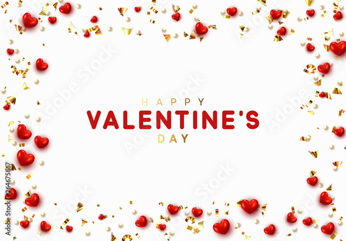 Background with red hearts and round beads strewn with golden confetti