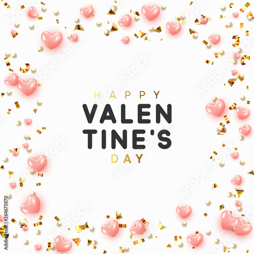 Background with pink hearts and round beads strewn with golden confetti.