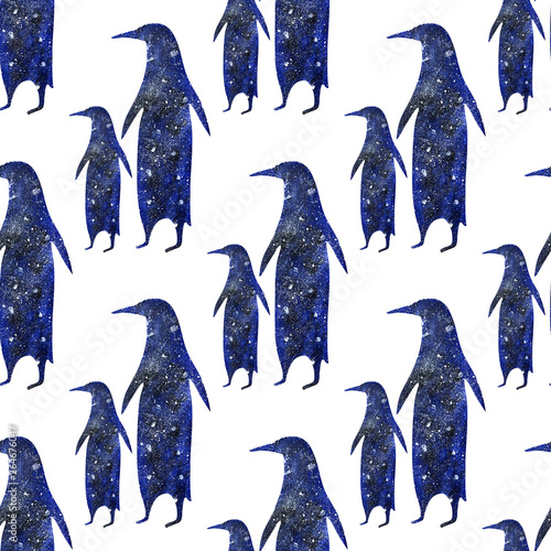 Illustration of the penguin in the space. Seamless pattern