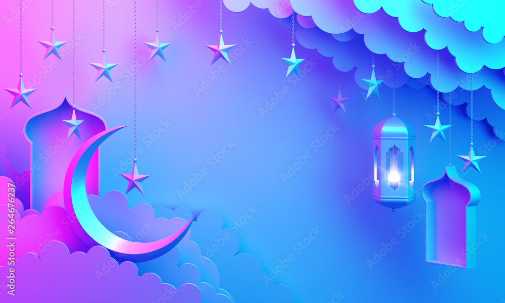 Arabic lantern, cloud, crescent star, window on blue pink gradient background copy space text. Design creative concept for islamic celebration day ramadan kareem or eid al fitr adha. 3d render.