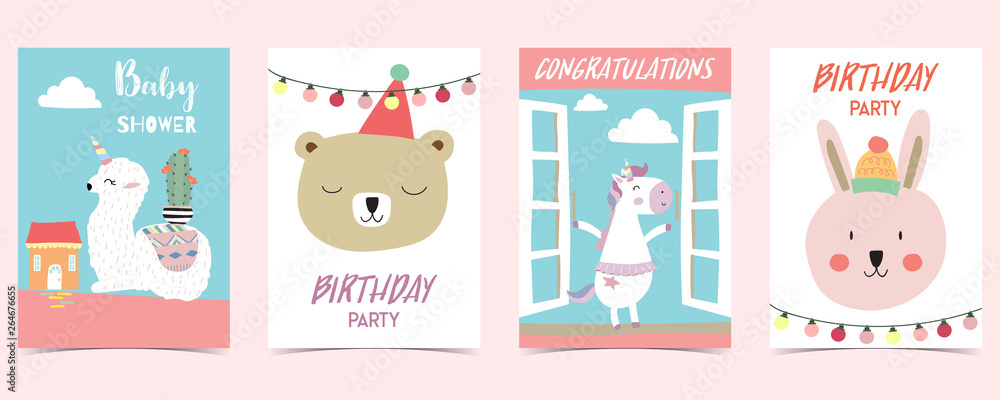 pastel card with unicorn,star,bear,llama,rabbit