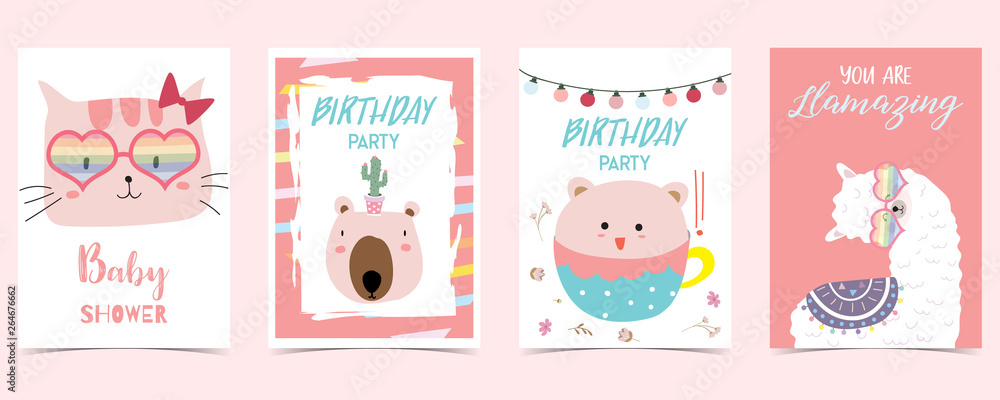 pastel card with llama,cat,bear
