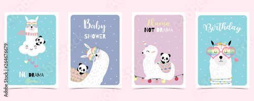pastel card with llama,panda