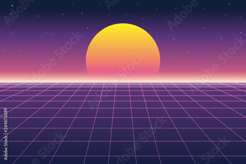 Vector illustration of sun and digital landscape in retro futuristic background 1980s style