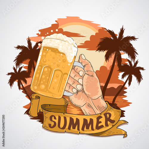 SUMMER BEER PARTY ELEMENT VECTOR WITH BEACH VIEW AND COCONUT TREE, BEAUTIFUL SUMMER VECTOR GOOD FOR POSTER, FLYER AND TSHIRT DESIGN