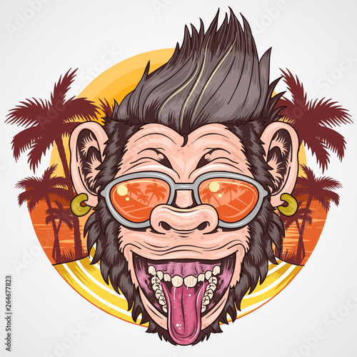 UMMER APE CHIMPANZEE HEAD SMILE FACE WITH COCONUT TREE VECTOR