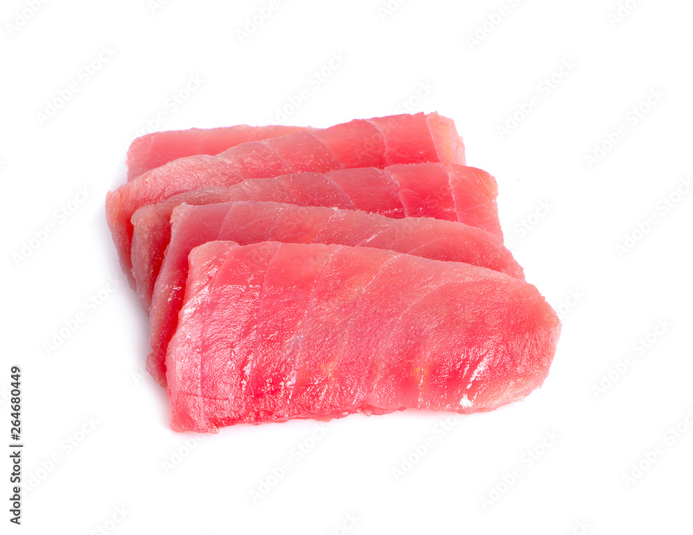 Slices of raw tuna fish meat on white background Slices of raw tuna fish meat on white background