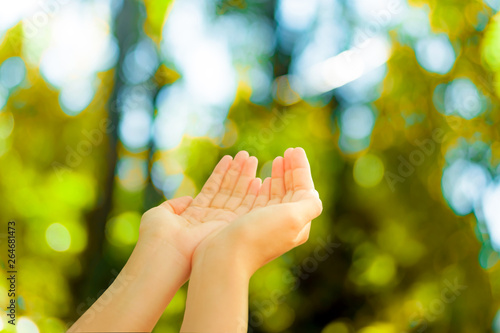 Woman hands place together like praying in front of nature green background.