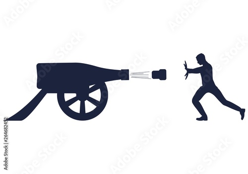 Young man fight agaisnt alcoholism. Wine bottle cannon shoot. Social problem concept