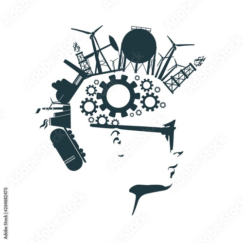 Man avatar profile view. Face silhouette with industrial icons as a hair. Mohawk hairstyle. Portrait with sunglasses. Gears group as a symbol of a brains