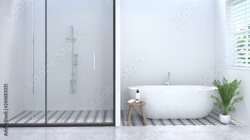 Clean white empty bathroom interior,toilet,shower,modern home design background white tile bathroom 3d rendering