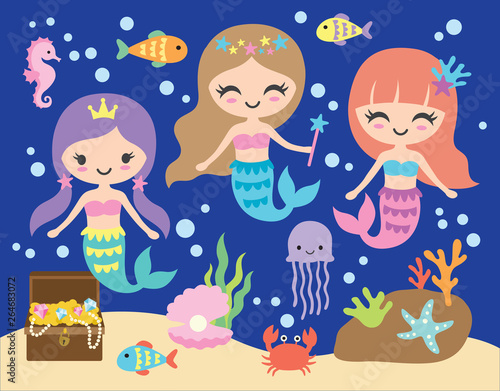 Dekoracja na wymiar  vector-illustration-of-cute-little-mermaid-under-the-sea-with-fishes-jellyfish-seahorse-crab-and-shell