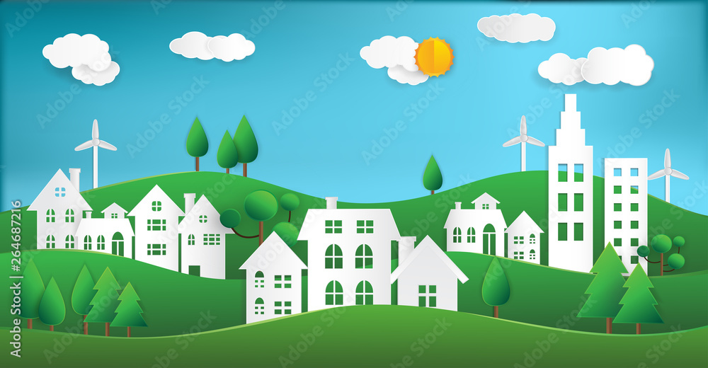 landscape with houses and trees.concept of eco. earth day and world environment day.