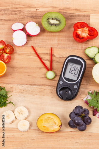 Glucometer with clock made of fruits and vegetables showing time of 23 hours 55 minutes, new years resolutions concept