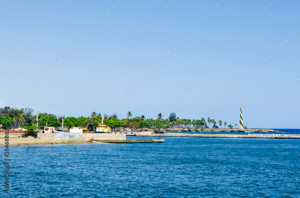 View of the port of Santo Domingo Dominican Republic from Juan Baron square, with beautiful sunny day and blue waters