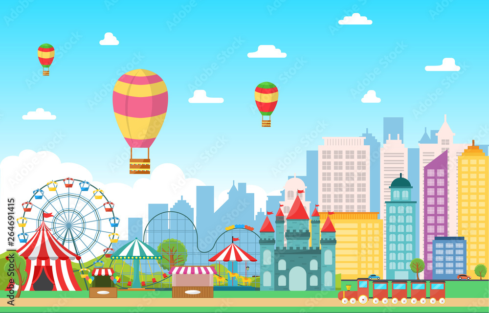 Fototapeta premium Amusement Park Circus Carnival Festival Fun Fair Landscape Illustration