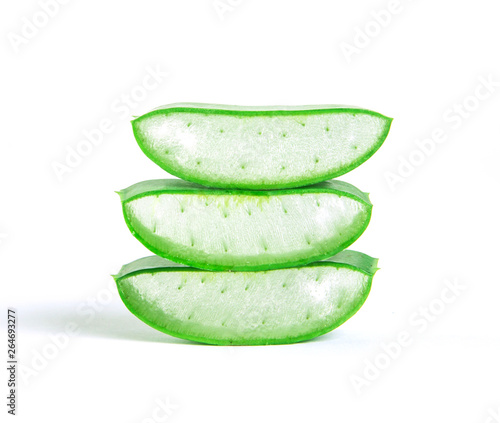 sliced of fresh aloe vera on white background , natural clear gel as the star beauty ingredient